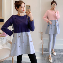 New pregnant women autumn fashion style does not show the red coat Korean version can breastfeed two-piece dress cover pregnancy belly set