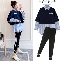 Pregnant womens autumn suit fashion out early autumn Korean long-sleeved coat Net red maternity dress foreign style two-piece set