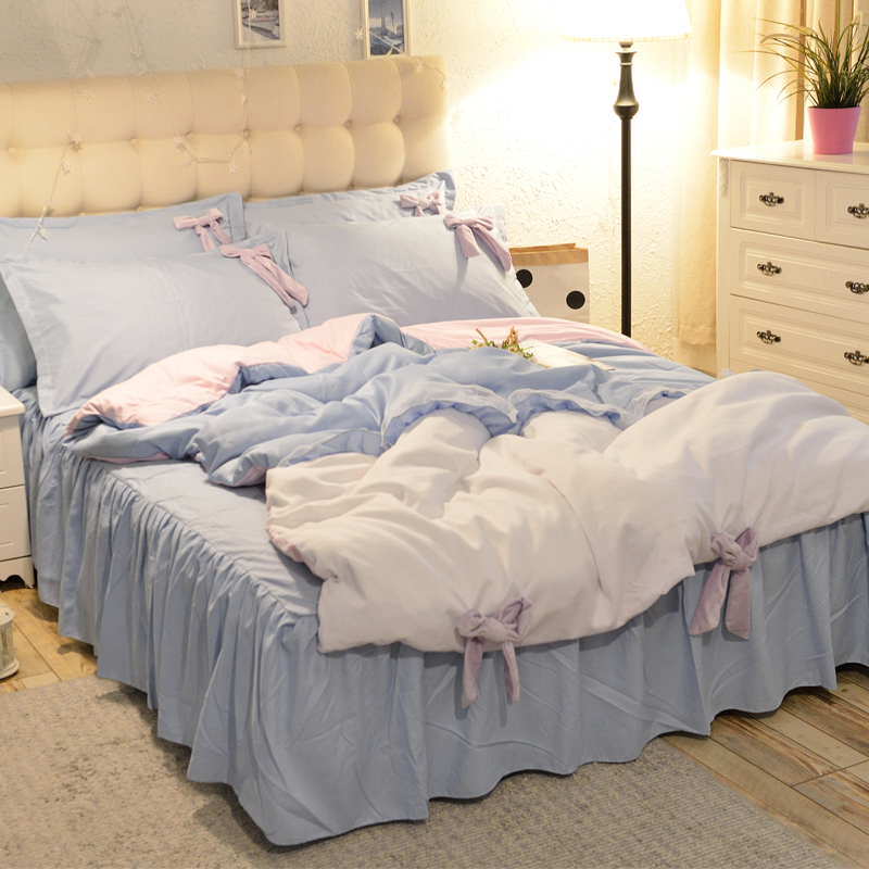 Váy ren đỏ mùa xuân và mùa hè cotton bed bốn mảnh cô gái trái tim công chúa gió cung rắn màu đôi bộ chăn ga gối đệm