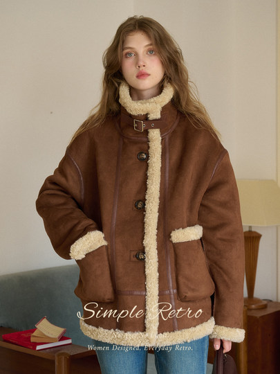 SimpleRetro Yilu Traveler chaqueta de moto todo en uno de piel francesa de dos prendas top de sherpa de imitación para mujer