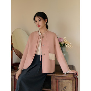 SimpleRetro粉黛信笺 撞色毛织口袋毛呢外套女秋冬短款羊毛大衣