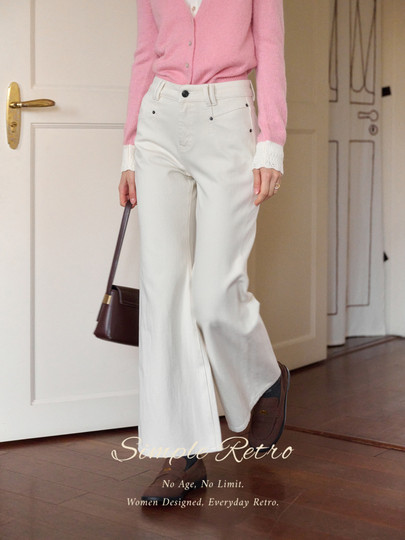 SimpleRetro秋日回廊 复古高腰直筒微喇牛仔裤女秋百搭阔腿长裤子
