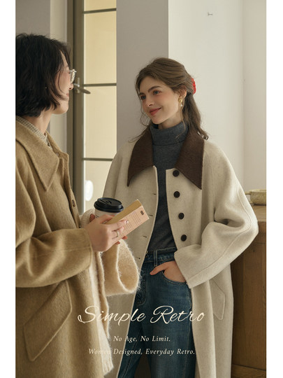 SimpleRetro Melting Snow Frosting Retro Revers doppelseitiger Wollmantel Damen langer Wollmantel aus australischer Wolle