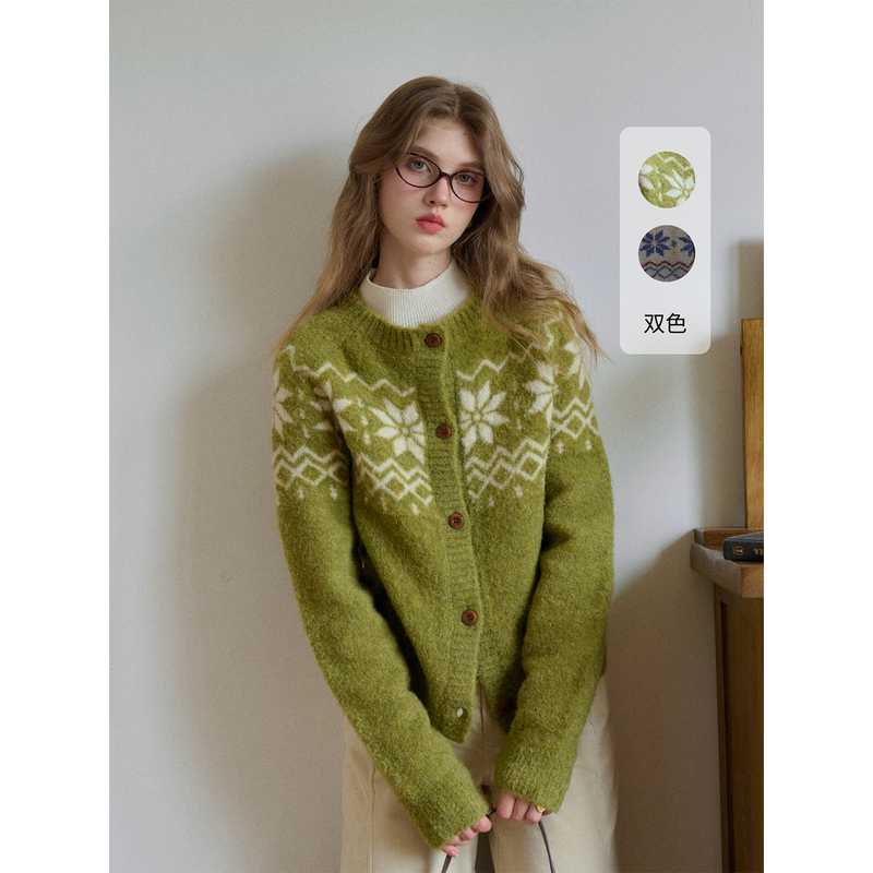 Simpleretro Norwegian Forest Wool Loop Yarn Fair Isle Knit Sweater for Women, Spring Lazy Style Sweater Coat