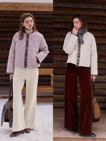 SimpleRetro香草戚风 洋气轻薄两面穿短款棉服外套女菱格圆领上衣