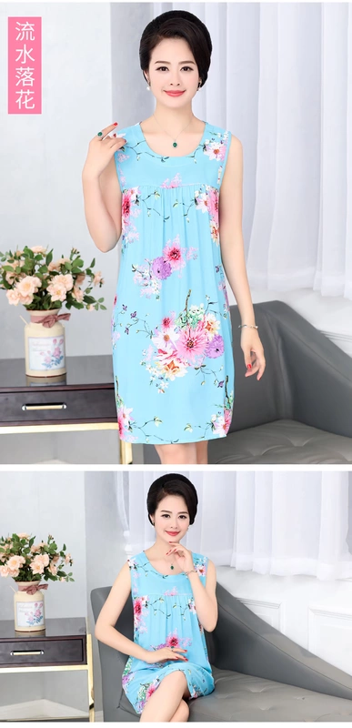 Trung niên và tuổi già nightdress nữ mùa hè không tay vòng cổ dài váy lỏng kích thước lớn cotton lụa nightdress mẹ đồ ngủ nhà giản dị