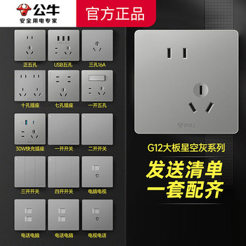 Bull Brand Switch Socket Flagship for Home Use, Ultra-Thin Wall-Mounted Concealed Air Conditioner 16A Single Switch Five-Hole with USB Panel G12 Gray