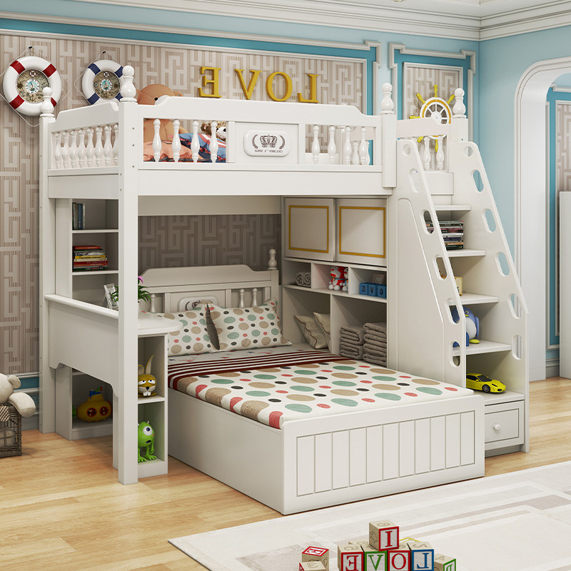 Small apartment multifunctional children's room beautiful white high and low bed with desk wardrobe stair cabinet bunk bed