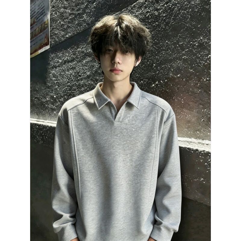 Cleanfit Light Gray Youth Long-Sleeved Sweatshirt Lapel Polo Shirt Men's Heavyweight American Fashion Brand Casual Top Cleanfit Light Gray Youth Long-Sleeved Sweatshirt Lapel Polo Shirt Men's Heavyweight American Fashion Brand Casual Top