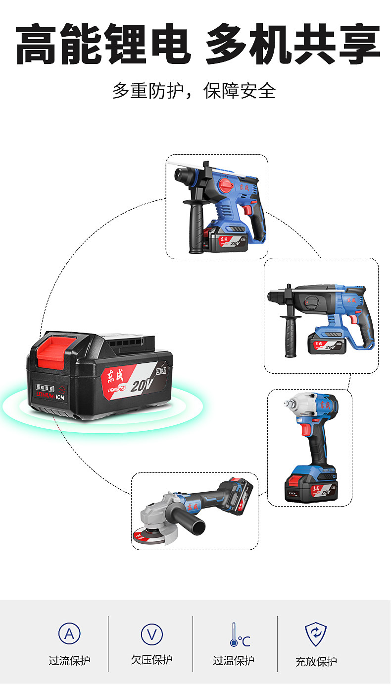 Dongcheng original 20V battery 6.0/4.0 Dongcheng angle grinder battery hammer electric wrench lithium battery charger