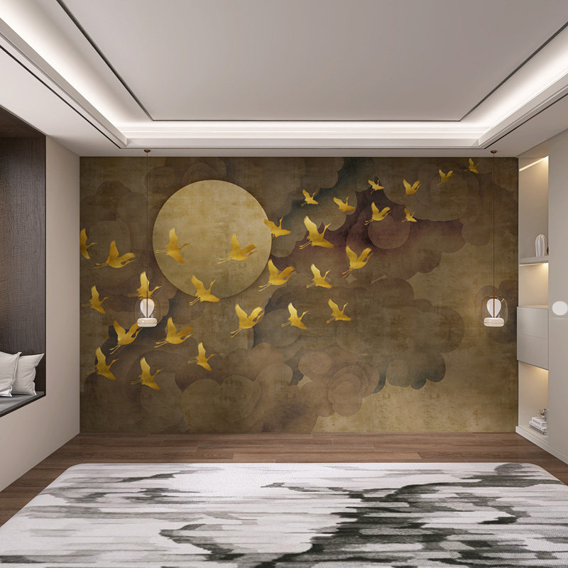 Фоновая стена 定制新中式鎏金山水墙板现代客厅电视沙发碳晶板茶室办公室防撞板 Se Liya