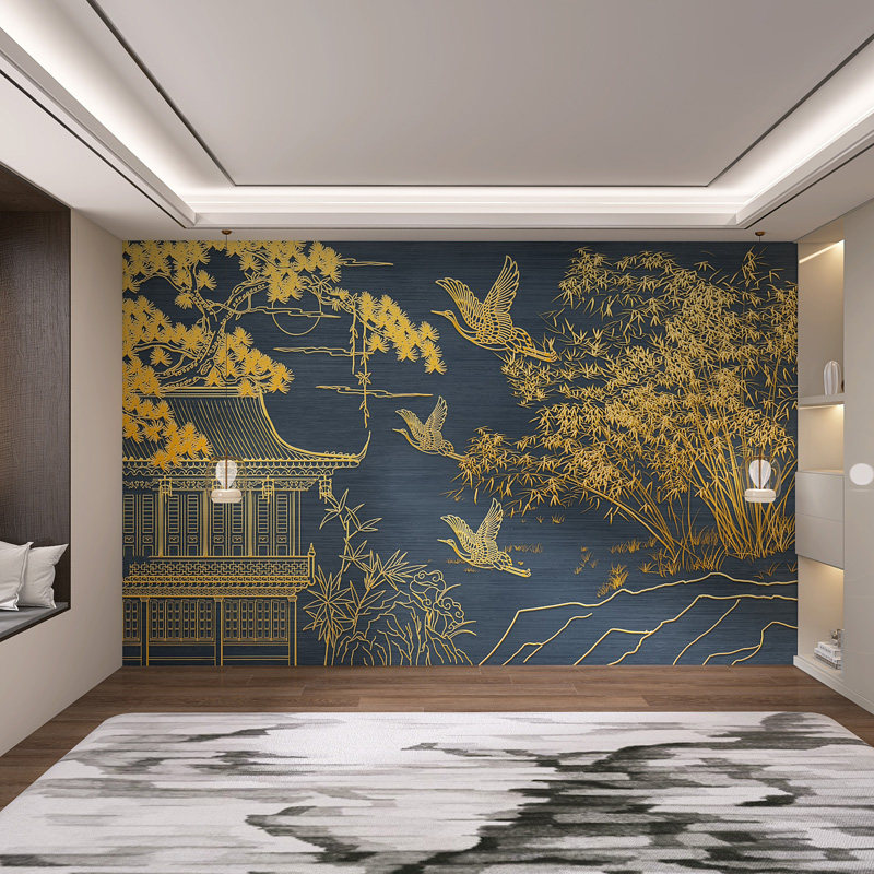 Фоновая стена 定制新中式鎏金山水墙板现代客厅电视沙发碳晶板茶室办公室防撞板 Se Liya