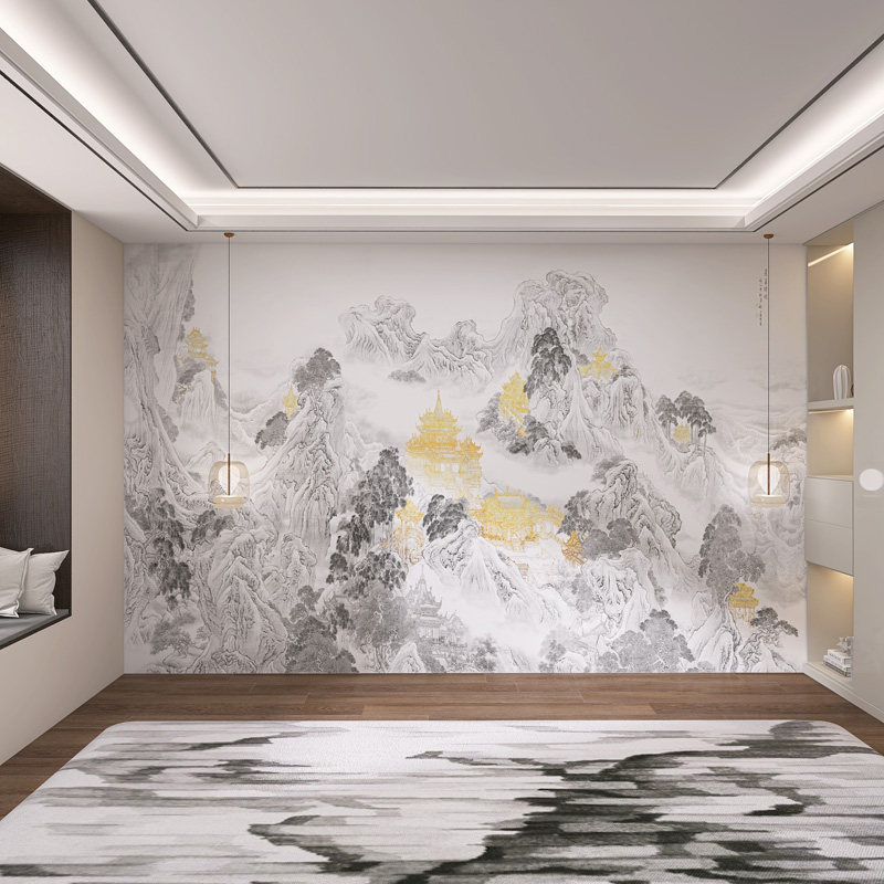 Фоновая стена 定制新中式鎏金山水墙板现代客厅电视沙发碳晶板茶室办公室防撞板 Se Liya