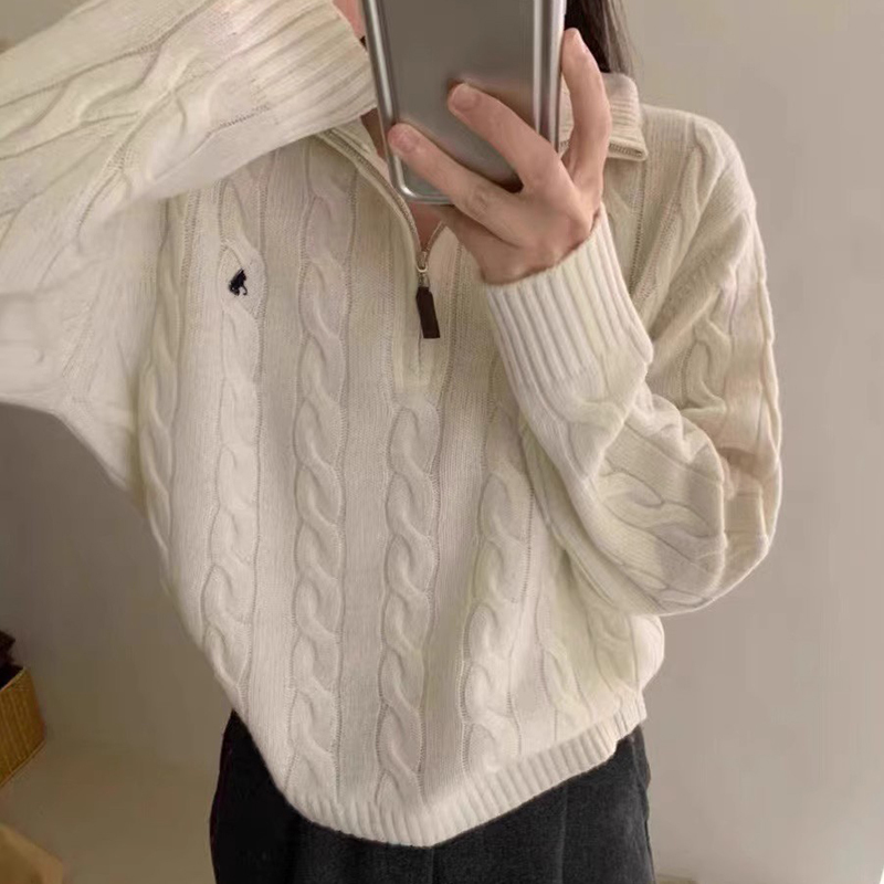 Autumn and Winter White Stand-Up Collar Half-Zip Cable Knit Embroidered Sweater for Women, Vintage Loose Thick Knit Pullover Top