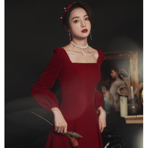 Toast to the bride 2022 new long sleeve wine red engagement wedding evening gown can normally be worn back to door temperament