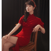 Toast bridal cheongsam wine red color small child wedding gown dress normally able to wear Chinese wind back door display slim woman