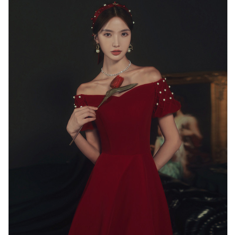 Straight Shoulder Toast Bridal 2022 New Temperament Wine Red Wedding Small Gown Dress Normally Can Wear Atmospheric Lady