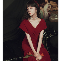 Fishtail Toast Bridal Wine Red Color Normal Can Wear 2022 New Summer Temperament Engagement Gown with long V collar