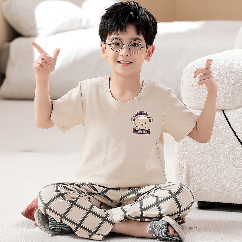 青少年パジャマ夏純綿半袖ズボン中大男児中学生2025年新作ホーム服