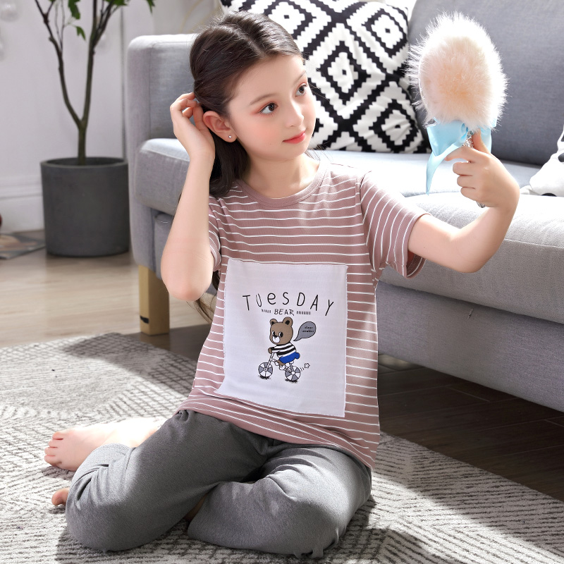 Mùa hè thanh thiếu niên pajama cô gái ngắn sleevecartoon trong cậu bé lớn mỏng bông junior học sinh trung học quần áo nhà thiết.