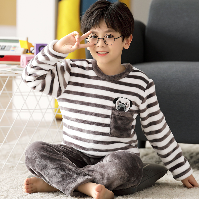 Winter children's pyjamas thickened with velvet flannel young boy CUHK boy boy coral suede autumn winter style home clothes