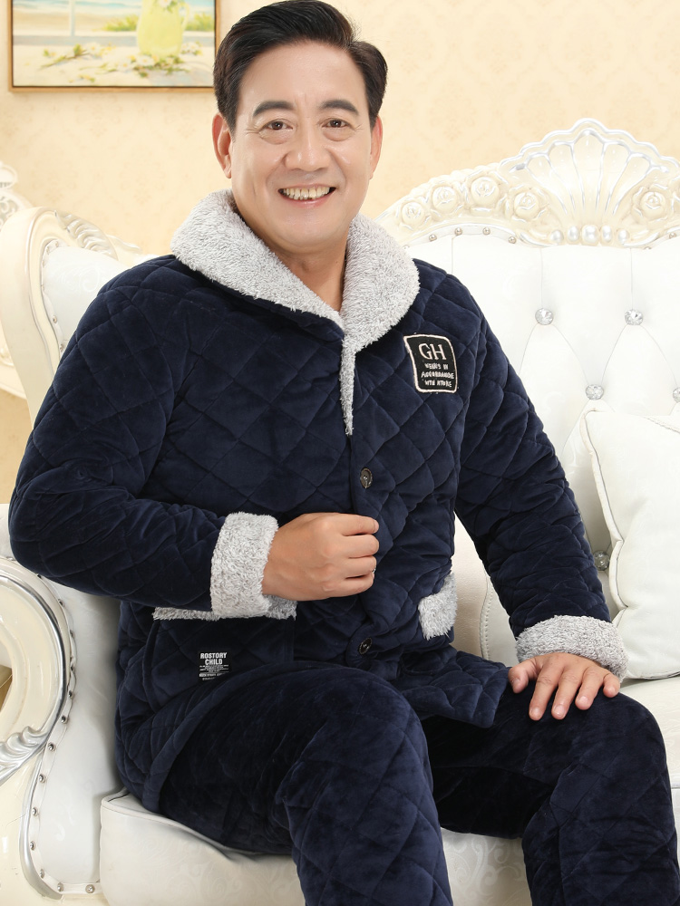 Winter three-tier cotton pyjamas men plus velvet thick warm coral velvet middle-aged old father old man winter suit