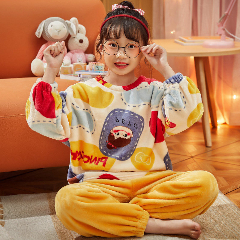 Winter children's pajamas for little girls thickened and velvet coral velvet autumn and winter models in big children's home clothes girls flannel