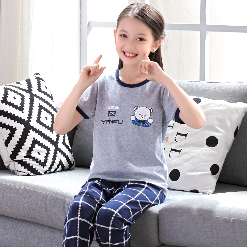 Mùa hè thanh thiếu niên pajama cô gái ngắn sleevecartoon trong cậu bé lớn mỏng bông junior học sinh trung học quần áo nhà thiết.