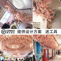 Simulation cherry tree rattan plant leaves wedding floor fake flower rattan indoor living room pipe wall decoration occlusion