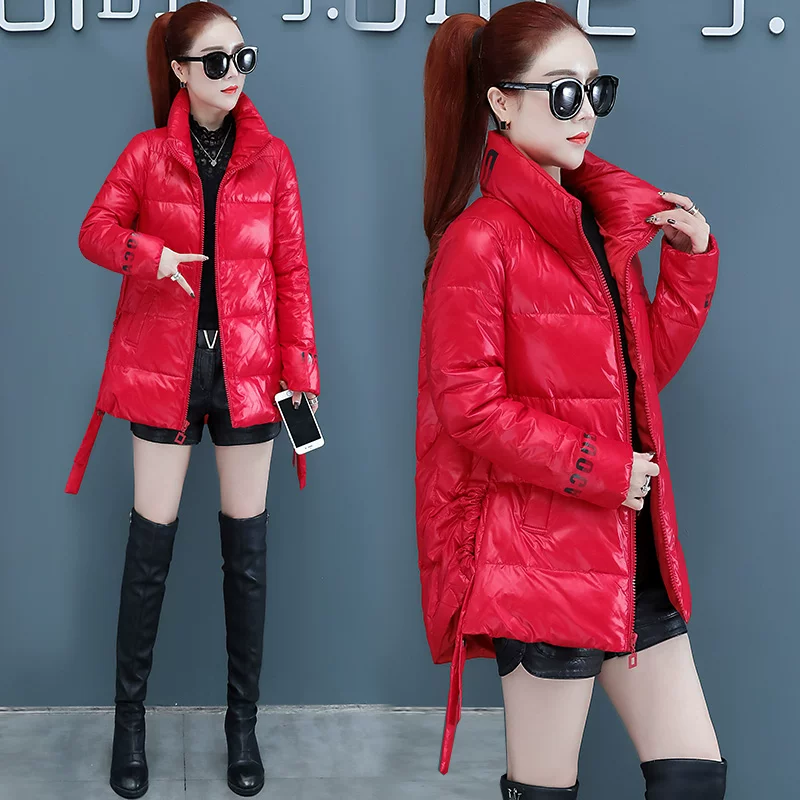 Red glossy light and thin down jacket with down, 2020 years, 2021 collection