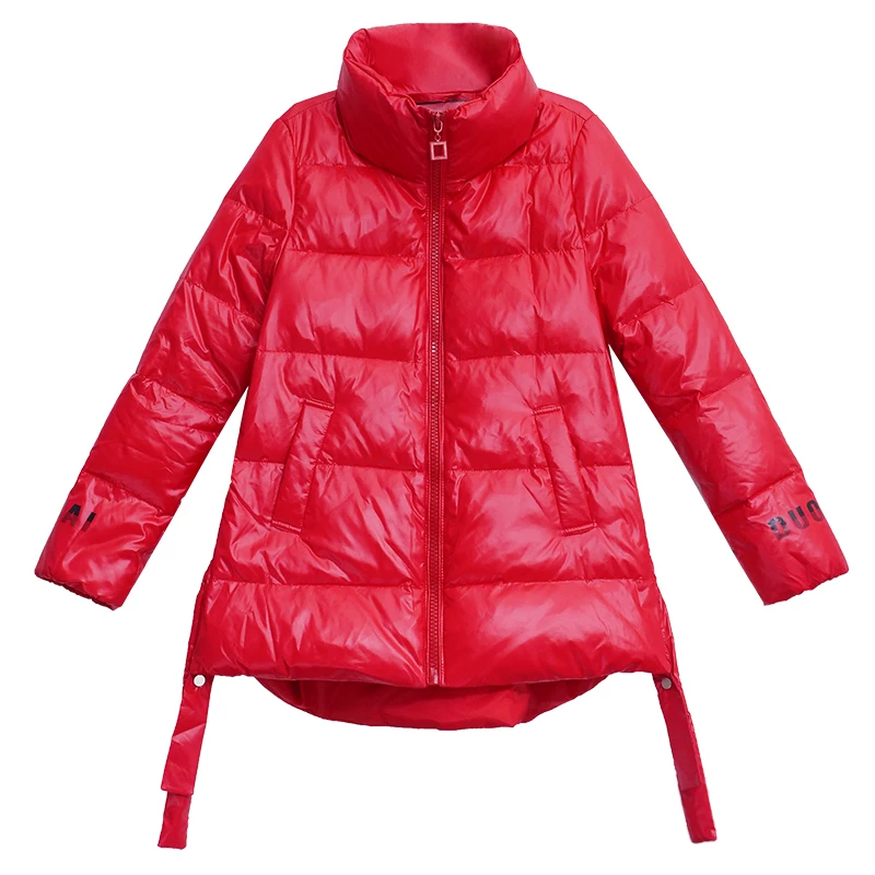Red glossy light and thin down jacket with down, 2020 years, 2021 collection