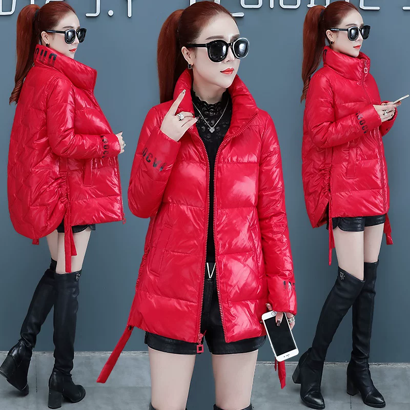 Red glossy light and thin down jacket with down, 2020 years, 2021 collection
