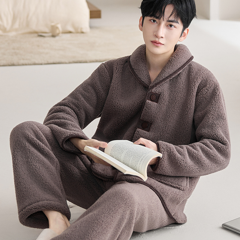 2025 Autumn and Winter Green Fruit Collar Patch Button Coral Fleece Pajamas Thickened Coffee Color Large Size Men's Homewear Set