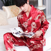 Đồ ngủ nam dài tay lụa mùa xuân và mùa thu băng lụa Bộ đồ ngủ nam mùa hè mỏng phần nhà dịch vụ phù hợp với kích thước lớn - Giống cái đồ bộ dài tay mặc nhà
