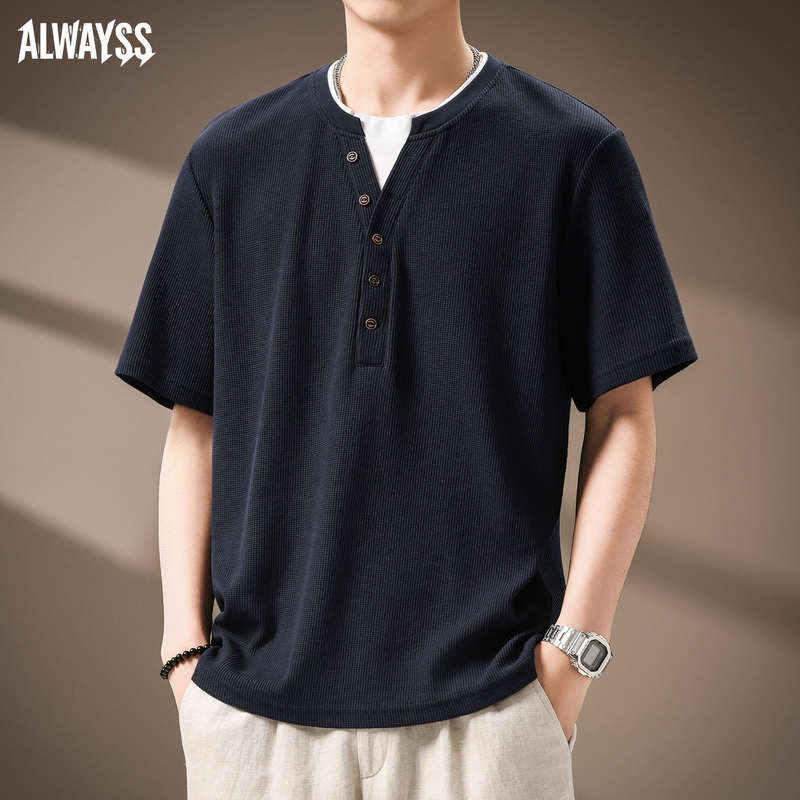 Fake Two-Piece Short-Sleeve T-Shirt for Men, Summer Cool Retro Loose Waffle Knit Henley Collar Half-Sleeve Casual Top