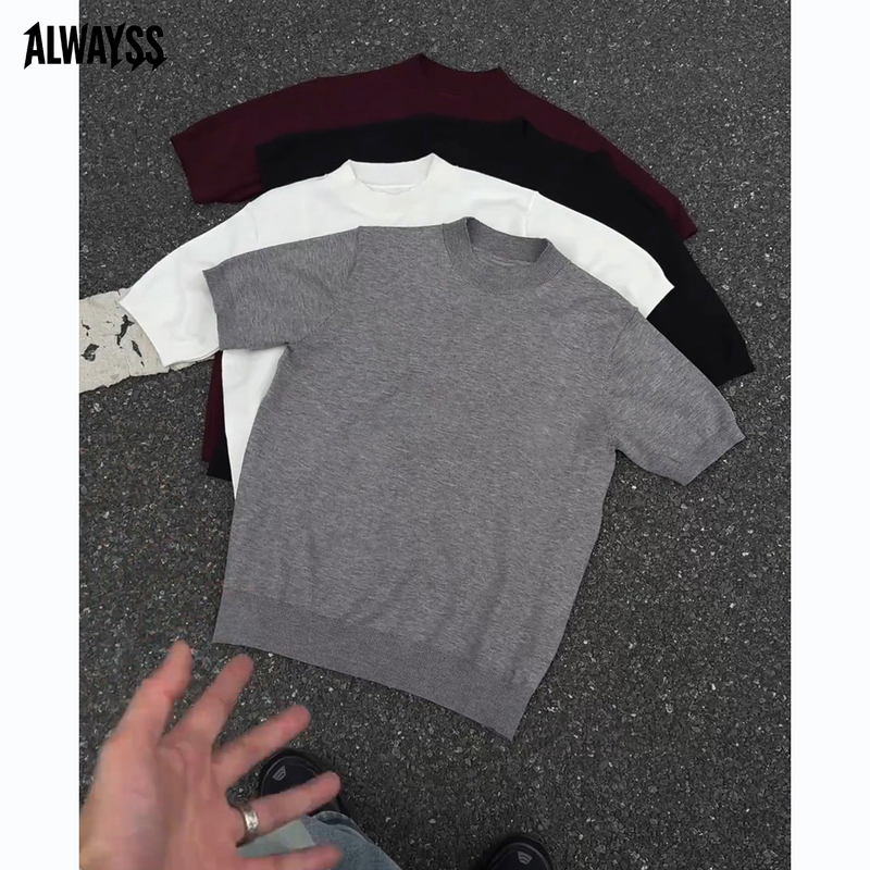 Lyocell Ice Silk Knitted Short-Sleeved T-Shirt for Men, Summer American-Style Cuffed Sleeves, Regular Shoulder Half-Sleeve T-Shirt, Men's Casual Top