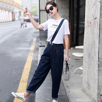 Single shoulder strap denim strap pants women 2021 summer New loose fashion age Net red thin radish ankle-length pants