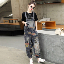 2021 summer new printed denim strap pants womens loose Harlan jumpsuit personality hip hop nine-leg pants