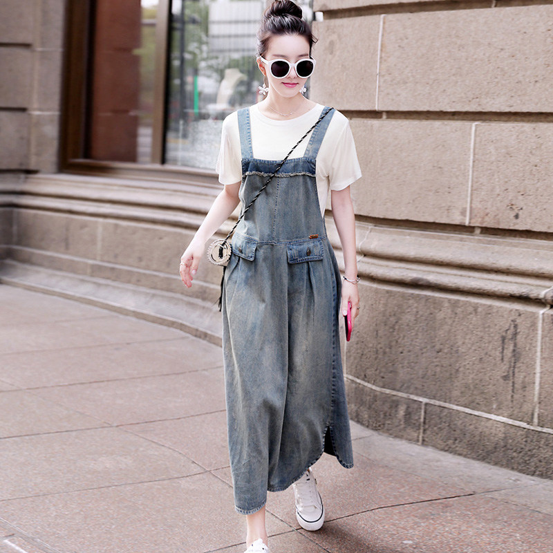 Sling dress women's 2022 spring and summer new loose age-reducing denim baby bag skirt all-match retro knee-length skirt