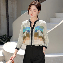 French print Tencel Shirt women 2021 summer New High sense seven-point sleeve retro temperament thin coat tide