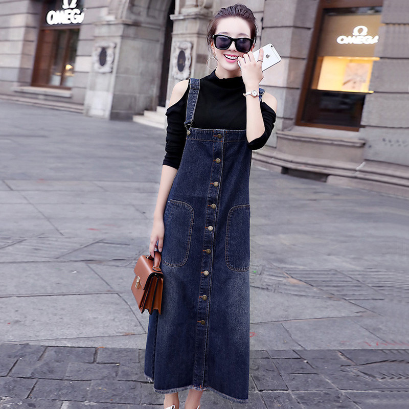 2021 spring and autumn new Korean version baby bag denim dress women's suspenders slimming single-breasted a-line mid-length skirt