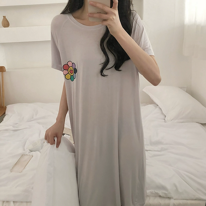 Bộ đồ ngủ cotton Tiansui của phụ nữ mùa hè ngắn tay cộng với kích thước rộng rãi đồ ngủ của phụ nữ mùa hè mỏng phần màu rắn dịch vụ tại nhà có thể được mặc bên ngoài - Đêm đầm