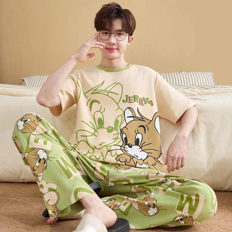 Men's Summer Pajamas, Pure Cotton Short-Sleeved Long Pants, Spring and Autumn Thin Style, for Teenagers and Older Children, Plus Size, Loose-Fitting Loungewear