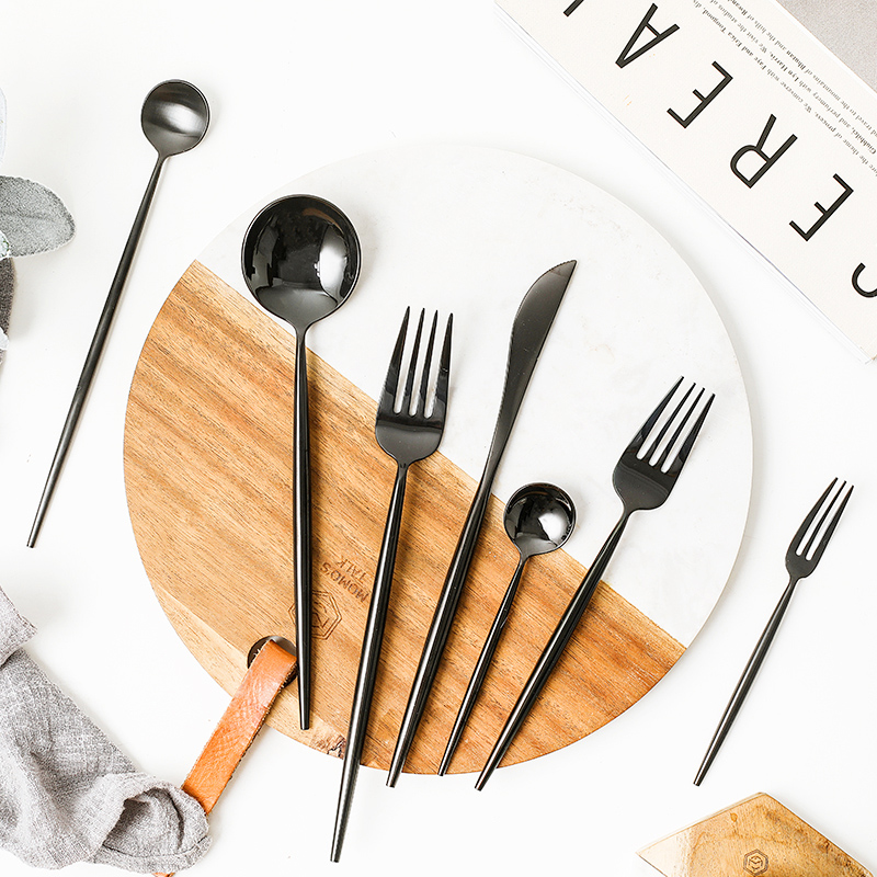 Portuguese Mirror Light Black Cutlery 304 Stainless Steel Knife Fork Spoon Three Sets Coffee Sweet Spoons Nordic Steak Knife