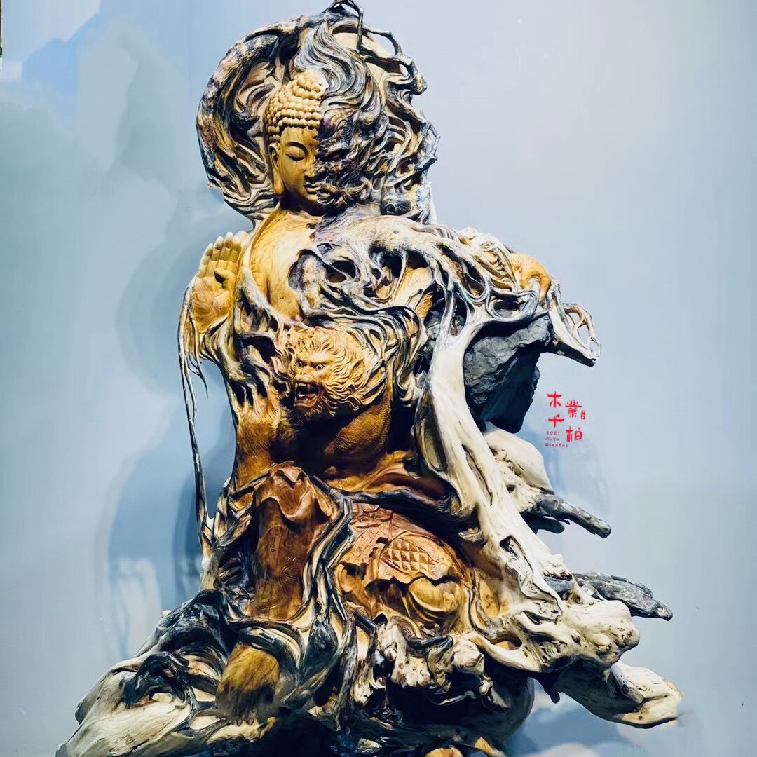 Cliff cypress accompanying landscape carving Dead wood root carving Large entrance log root carving ornaments Handicrafts Buddha statue wood carving figures