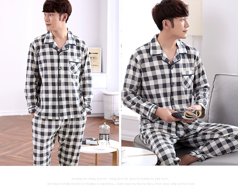 Cặp đôi pyjama phụ nữ mùa hè kẻ sọc mới cotton giản dị Hàn Quốc mùa xuân và mùa thu nam dài tay phù hợp với dịch vụ nhà phụ nữ - Bên ngoài ăn mặc