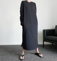 QINGLING 2020s early autumn brief wind commuting deduction deep black blue French direct tube long dress woman