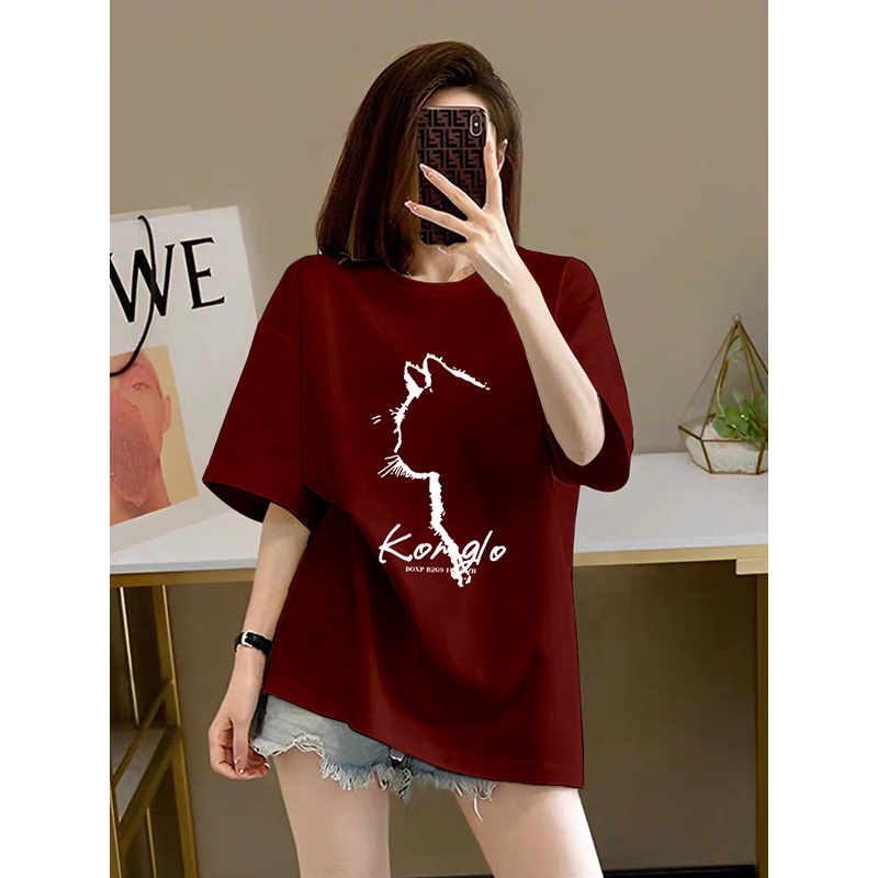 Plus Size Pure Cotton Short-Sleeved T-Shirt for Women, Belly-Covering, Casual, Summer, Loose, Burgundy, 2026 New Style, Slimming Top