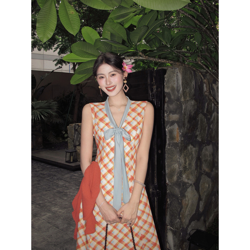 Lingqian Zihhe Orange Checkered Summer Dress'French Style Colorful Plaid Dress for Women' Summer Bow Tie Sleeveless Long Dress Lingqian Zihhe Orange Checkered Summer Dress'French Style Colorful Plaid Dress for Women' Summer Bow Tie Sleeveless Long Dress