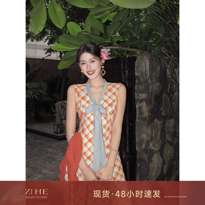 Lingqian Zihhe Orange Checkered Summer Dress'French Style Colorful Plaid Dress for Women' Summer Bow Tie Sleeveless Long Dress Lingqian Zihhe Orange Checkered Summer Dress'French Style Colorful Plaid Dress for Women' Summer Bow Tie Sleeveless Long Dress